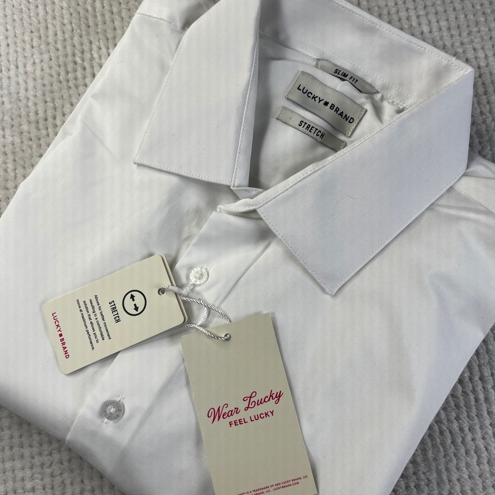 Lucky Brand Mens Slim Fit Stretch Dress Shirt White Long Sleeve L 16-16.5 32/33